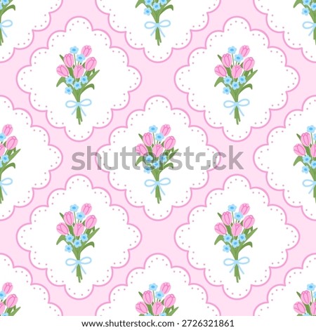Preppy coquette seamless pattern with blue bow and cute tulips flowers. Floral spring damask design. Vintage cottagecore print for fabric, wallpaper or wrapping paper