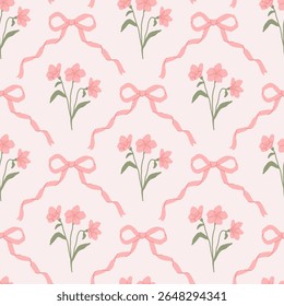 Preppy coquette padrão sem costura com fitas de arco rosa e flores bonitas. Design de damasco de elegância floral. Impressão cottagecore vintage para tecido, papel de parede ou papel de embrulho