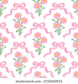 Preppy coquette seamless pattern with pink bow ribbon and bouquet of flowers. Floral elegance damask design. Vintage cottagecore print for fabric, wallpaper or wrapping paper. Spring or summer season