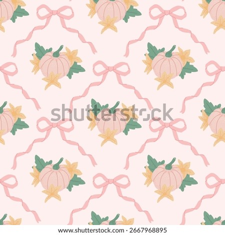 Preppy coquette seamless pattern with pink bow ribbons, cute pumpkins, green leaves, flowers. Autumn elegance damask design. Vintage cottagecore print for fabric, wallpaper or wrapping paper