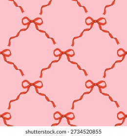 Preppy coquette seamless pattern with red bow ribbons. Trendy elegance damask design. Vintage pink background for fabric, wallpaper or wrapping paper etc