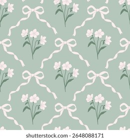 Preppy coquette padrão sem costura com fitas de arco branco e flores bonitas. Design de damasco de elegância floral. Impressão cottagecore vintage para tecido, papel de parede ou papel de embrulho