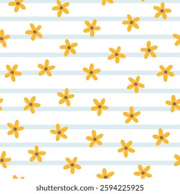 Preppy daisies flowers seamless pattern on vertically striped background. Vector cute cartoon yellow sunflowers hand-drawn illustration. textile printing, baby clothes, wallpaper, packaging, scrubbing