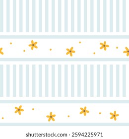 Preppy daisies flowers seamless pattern on vertically striped background. Vector cute cartoon yellow sunflowers hand-drawn illustration. textile, baby clothes, wallpaper, packaging, scrubbing.