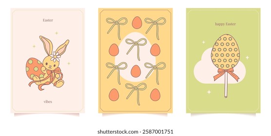 Preppy festive set of Easter greeting cards with bunny, eggs and bow knots. Cute minimalistic design for baby nursery. Vintage contour hand drawn vector illustration.