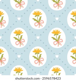 Preppy flirty flower with bow in frame seamless pattern on a striped background. Vector cute cartoon hand-drawn illustration. for textile, baby clothes, wallpaper, scrubbing