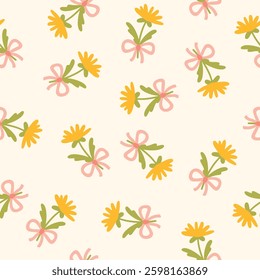 Preppy flirty meadow flower with bow seamless pattern. Vector cute cartoon hand-drawn illustration. Summer cute background for textile, baby clothes, wallpaper, scrubbing