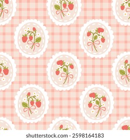 Preppy flirty strawberry with bow and flower in frame seamless pattern on a cell background. Vector cute cartoon hand-drawn illustration. Tartan check for textile, baby clothes, wallpaper, scrubbing