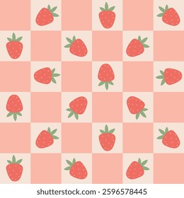 Preppy flirty strawberry seamless pattern on a cell background. Vector cute cartoon hand-drawn illustration. Tartan check for textile, baby clothes, wallpaper, scrubbing