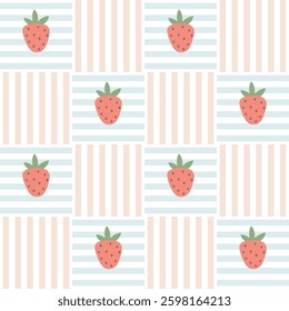 Preppy flirty strawberry seamless pattern on a cell background. Vector cute cartoon hand-drawn illustration. Tartan check for textile, baby clothes, wallpaper, scrubbing