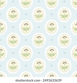 Preppy flower frame seamless pattern on blue background. Vector cute cartoon hand drawn vintage illustration. Ideal for textile printing, baby clothes, wallpaper, packaging, scrubbing