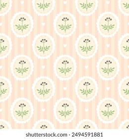 Preppy flower frame seamless pattern on vertically striped background. Vector cute cartoon hand drawn vintage illustration. Ideal for textile printing, baby clothes, wallpaper, packaging, scrubbing