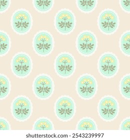 Preppy flower frame seamless pattern. Vector cute cartoon hand drawn vintage. Flola in circle Ideal for nursery, card, wrapping, textile, wallpaper, background, paper gift, phone case.