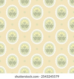 Preppy flowers and dots frame seamless pattern. Vector cute cartoon hand-drawn vintage. Flola in circle Ideal for nursery, card, wrapping, textile, wallpaper, background, paper gift, phone case.