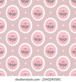 Preppy flowers and dots frame seamless pattern. Vector cute cartoon hand-drawn vintage. Flola in circle Ideal for nursery, card, wrapping, textile, wallpaper, background, paper gift, phone case.