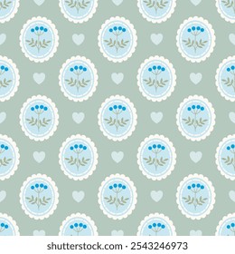 Preppy flowers and heart frame seamless pattern. Vector cute cartoon hand-drawn vintage. Flola in circle Ideal for nursery, card, wrapping, textile, wallpaper, background, paper gift, phone case.