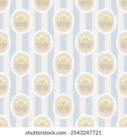 Preppy flowers and line frame seamless pattern. Vector cute cartoon hand-drawn vintage. Flola in circle Ideal for nursery, card, wrapping, textile, wallpaper, background, paper gift, phone case.