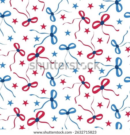 Preppy fourth of July bows seamless pattern with stars in red and blue American flag colors. For independence day background, fabric, textile and decorations 