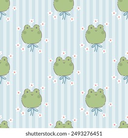 Preppy frog with flowers seamless pattern on vertically striped background. Vector cute cartoon hand drawn illustration. Ideal for textile printing, baby clothes, wallpaper, packaging, scrubbing