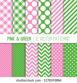 Preppy Green and Pink Gingham, Chevron, Polka Dots and Candy Stripes Vector Patterns. Modern Geometric Backgrounds. Repeating Pattern Tile Swatches Included.