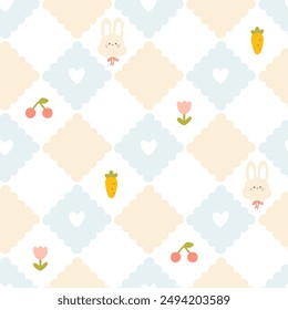 Preppy hare rabbit lace geometric seamless pattern in rhombus with hearts. Vector cute cartoon hand drawn vintage illustration. Ideal textile printing, baby clothes, wallpaper, packaging, scrubbing.