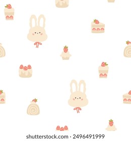 Preppy hare rabbit with sweet strawberry desserts seamless pattern. Vector cute cartoon hand drawn vintage illustration. Ideal for textile printing, baby clothes, wallpaper, packaging, scrubbing