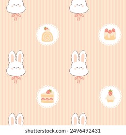 Preppy hare rabbit with sweet strawberry desserts frame seamless pattern on vertically striped. Vector cute cartoon hand drawn vintage illustration. baby clothes, wallpaper, packaging, scrubbing