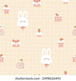 Preppy hare rabbit with sweet strawberry desserts seamless pattern. Vector cute cartoon hand drawn vintage illustration on a grid background. for textile printing, baby clothes, wallpaper, scrubbing