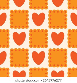 Preppy hearts cookie lace geometric seamless pattern in square. vintage texture textile baby clothe
