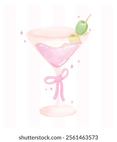 Preppy Pastel Coquette Martini with olieve Watercolor Art in Green and Pink