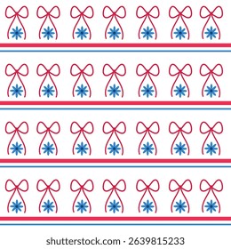 Preppy patriotic red bows with blue flowers with stripes seamless pattern in American flag colors. For independence day print, fabric and textile  