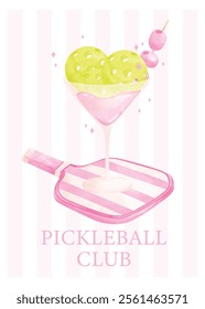 Preppy Pickleball Martini drink Aesthetic Club Logo Pastel Coquette Watercolor Art in Mint and Pink