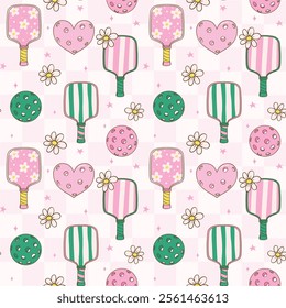 Preppy Pink Pickleball Paddles Seamless Pattern Isolated on Background.