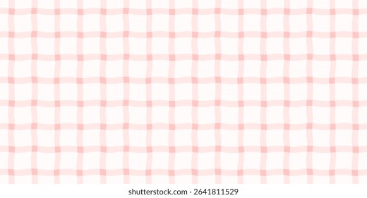 Preppy Plaid Seamless Pattern. Vector Hand-drawn Gingham Check Background in Vintage Cottagecore Style of Pastel Pink Colors for Print on Textile, Paper, Web Design