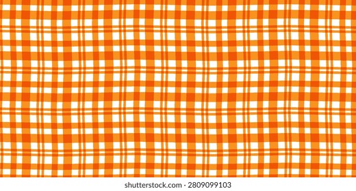Preppy Plaid Seamless Pattern. Vector Hand-drawn Gingham Check Background in Vintage Cottagecore Style of orange Colors for Print on Textile, Paper. 