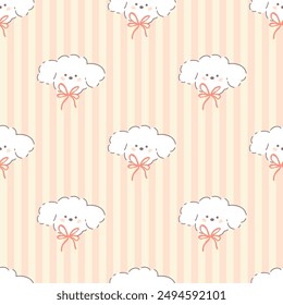 Preppy puppy dog seamless pattern on vertically striped background. Vector cute cartoon hand drawn illustration. Ideal for textile printing, baby clothes, wallpaper, packaging, scrubbing