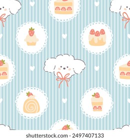 Preppy puppy dog with sweet strawberry desserts frame seamless pattern on vertically striped. Vector cute cartoon hand drawn vintage illustration. baby clothes, wallpaper, packaging, scrubbing