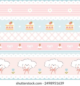 Preppy puppy dog and sweet various desserts with strawberries lacy seamless pattern. Vector cute cartoon hand drawn vintage illustration. for textile printing, baby clothes, packaging, scrubbing.