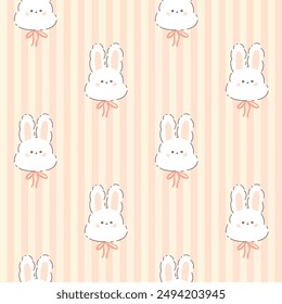 Preppy rabbit bunny seamless pattern on vertically striped background. Vector cute cartoon hand drawn illustration. Ideal for textile printing, baby clothes, wallpaper, packaging, scrubbing