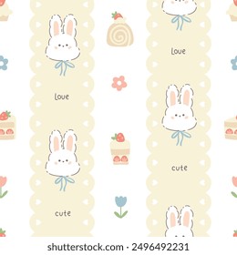 Preppy rabbit bunny and sweet various desserts with strawberries lacy seamless pattern. Vector cute cartoon hand drawn vintage illustration. for textile printing, baby clothes, wallpaper, scrubbing.