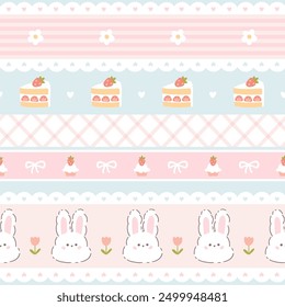 Preppy rabbit bunny and sweet various desserts with strawberries lacy seamless pattern. Vector cute cartoon hand drawn vintage illustration. for textile printing, baby clothes, packaging, scrubbing