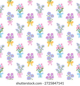 Preppy padrão sem emenda com buquês de flores, flores, tulipas, croco e laço. Fundo floral para tecido, papel de parede ou papel de embrulho. primavera ou verão
