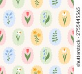 Preppy seamless pattern on a striped background with strawberry and flowers in frame, bow. Coquette pastel background. Vector illustration for textile, baby clothes, wallpaper.