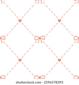 Preppy stitch geometric seamless pattern in rhombus with hearts and flirty bows. Vector cute cartoon hand drawn vintage illustration. Ideal for textile printing, baby clothes, wallpaper, scrubbing