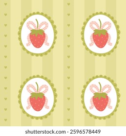 Preppy strawberry bow and flower in frame seamless pattern on vertically striped background. Vector cute cartoon hand drawn illustration. Ideal textile printing, baby clothes, wallpaper, scrubbing.