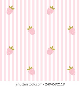 Preppy strawberry seamless pattern on vertically striped background. Vector cute cartoon hand drawn illustration. for textile printing, baby clothes, wallpaper, packaging, notebooks, scrapbooking