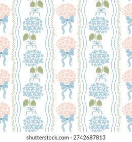 Preppy striped coquette seamless pattern. Elegant grandmillennial hydrangea flowers, ribbon bow wallpaper, textile design, repeat background, print, fabric. Vector blue and pink floral illustration.