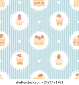 Preppy sweet strawberry desserts frame seamless pattern on striped background. Vector cute cartoon hand drawn vintage illustration. textile printing, baby clothes, wallpaper, packaging, scrubbing