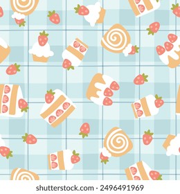 Preppy sweet strawberry desserts frame seamless pattern on Gingham background. Vector cute cartoon hand drawn vintage illustration. baby clothes, wallpaper, packaging, scrubbing