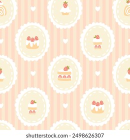 Preppy sweet strawberry desserts frame seamless pattern on striped background. Vector cute cartoon hand drawn vintage illustration. textile printing, baby clothes, wallpaper, packaging, scrubbing